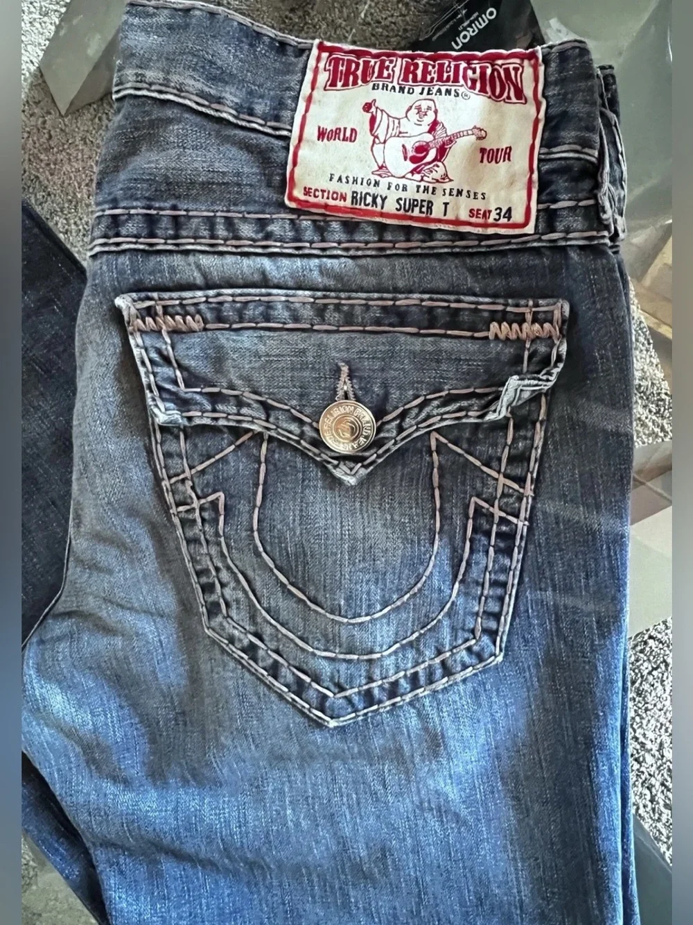 True Religion Ricky Jeans Super T Straight 36x32 Men's Relaxed Thick Stitching